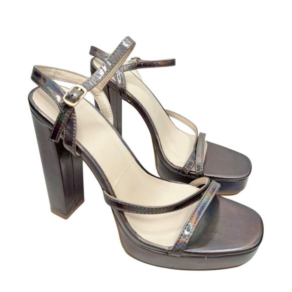 H Halston Ankle‎ Strap Sandals Size 9 Holographic Open Toe Heels - Picture 1 of 10